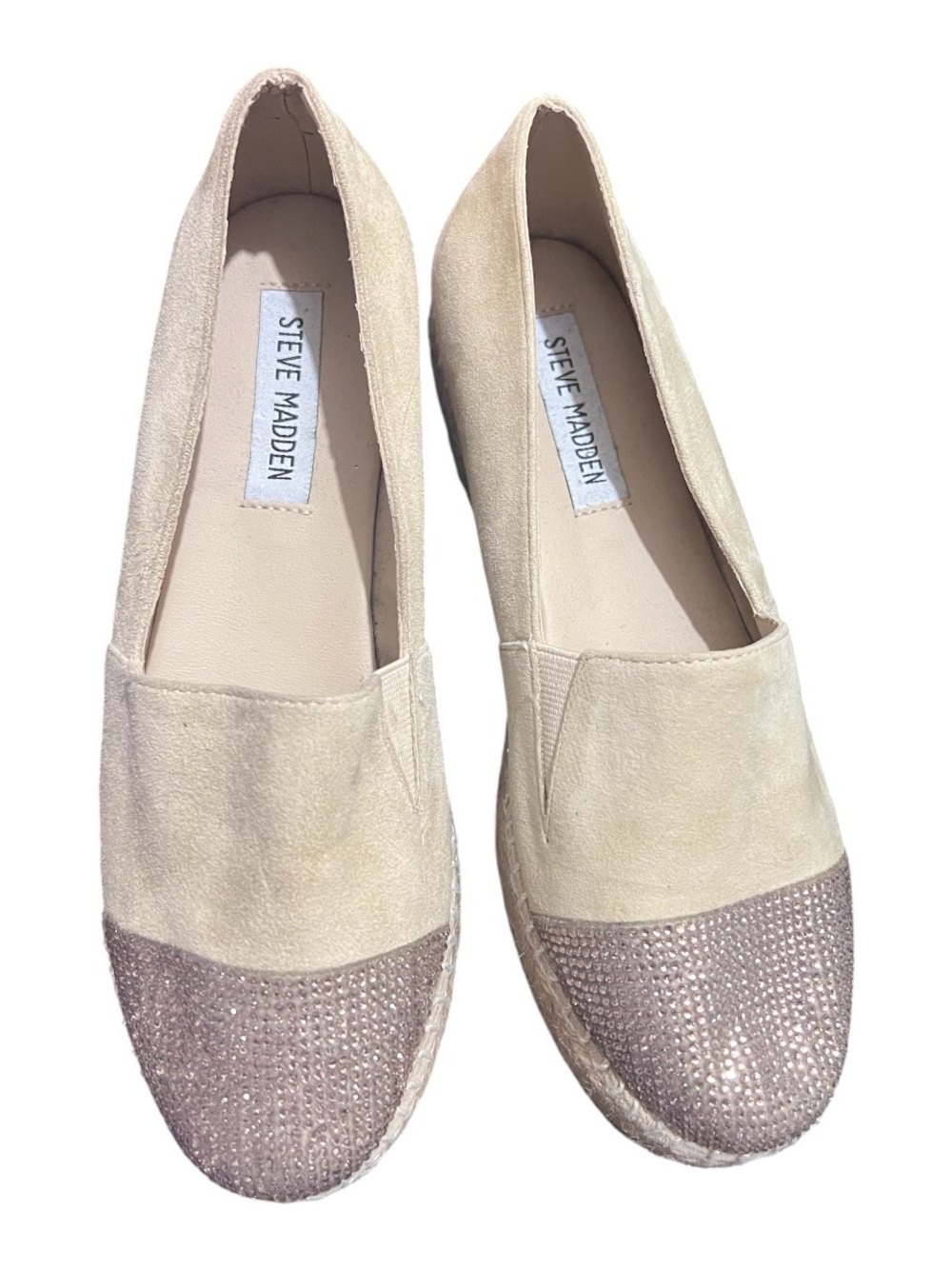 Steve Madden Women’s Beige Suede Espadrille Flats with Embellished Toe